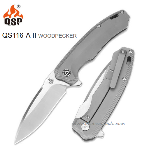 QSP Woodpecker Flipper Framelock Knife, M390, Titanium, QS116-A II
